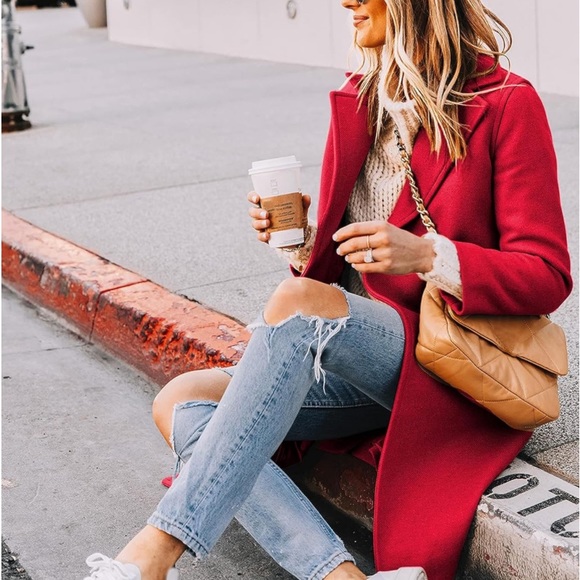 red trench coat thick winter jacket long sleeve - Picture 1 of 4